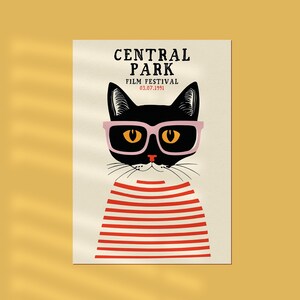 Central Park Film Festival - NYC Poster - Movie Nerd Cat Artwork - New York large wall art, home interior design, mancave movies cinema room