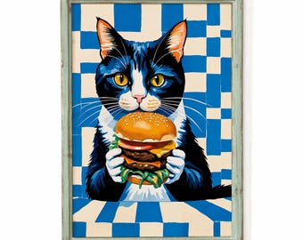 Funny Cat Burger Poster, Retro Kitchen Animal Print, Whimsical Dining Room Wall Decor