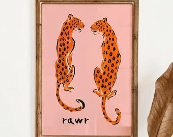 Leopard Poster - Orange Big Cat Wall Art, Maximalist Animal Print, Wild Bedroom Decor, Playful