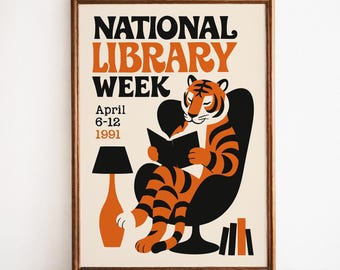 National Library Week Tiger Poster - Retro Reading Art Print