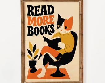 Read More Books Poster - Funny Cat Reading Wall Art Print - Retro Book Lover Decor