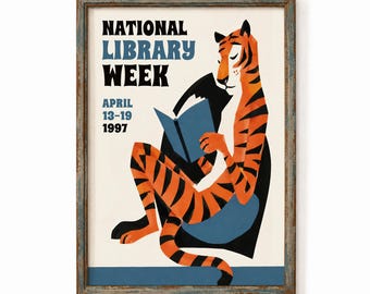 National Library Week Poster - Tiger Reading Wall Art Book Lover Decor Retro Print Study