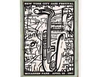 New York Jazz Poster (Giclée Fine Art Print) 1987 Saxophone Lounge Decor Retro Wall