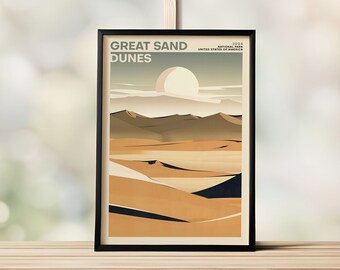 GREAT SAND DUNES Poster - National Park Retro Travel Wall Art Prints - Home Decor - Minimalist Above Bed Art - Printed Use Landscape Giclee