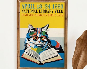 National Library Week Cat Poster - Retro Reading Art Print - Book Lover Wall Decor