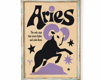 Aries Zodiac Poster, Retro Horoscope Print, Celestial Astrology Wall Decor
