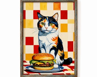 Cat Burger Poster, Retro Kitchen Print, Diner Wall Decor