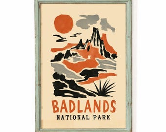 Badlands National Park Poster, Retro Travel Print, Landscape Wall Decor