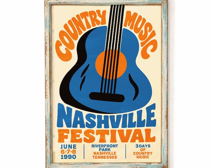 Nashville Country Music Poster, Retro Festival Print, Guitar Wall Art, Farmhouse Decor