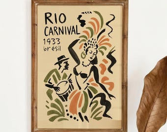 Rio Carnival Poster, Retro Brazil Print, Samba Festival Wall Decor