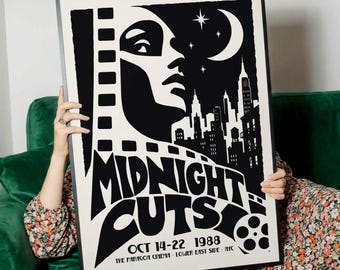 May include: A black and white framed poster titled Midnight Cuts, featuring a stylized face, a crescent moon, stars, and a city skyline. The text reads Oct 14-22 1988, The Paragon Cinema, Lower East Side, NYC, with a film strip and reel.