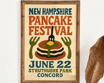 Pancake Festival Poster - New Hampshire Retro Breakfast Wall Art, Kitchen Decor, Food Lover Print