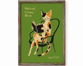 Reading Cat Poster - National Library Week Book Lover Wall Decor Nook Study Room Art