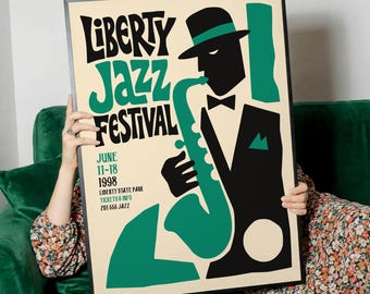 NYC Jazz Poster - Saxophone Wall Art - Mid Century Modern Print - Statue of Liberty