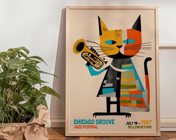 1987 Chicago Jazz Festival Poster - Music Cat Print Urban Brass Instrument Colorful Abstract Retro
