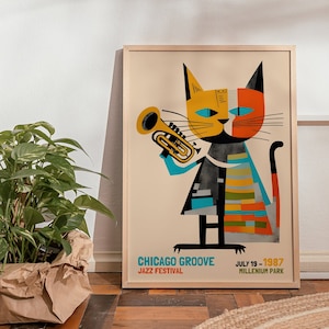 1987 Chicago Jazz Festival POSTER - Groove Jam Fest | Minimalist Cat Trumpet Wall Art Prints Collectible Giclee Reproduction | Husband Gift