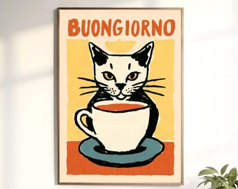 Buongiorno Cat Poster - Funny Coffee Wall Art for Kitchen Gift