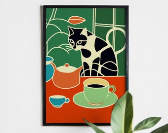 Cat & Coffee Painting Reproduction - Giclee Fine Art Print Artwork - Mid-Century Modern Home Decor - Perfect for Kitchen, Living Room