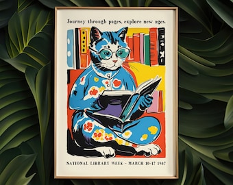 1987 NATIONAL LIBRARY WEEK Poster - Colorful Cat Books Lover - Gift Idea Mid century modern, Mailed poster, 24x36 poster, cozy room decor
