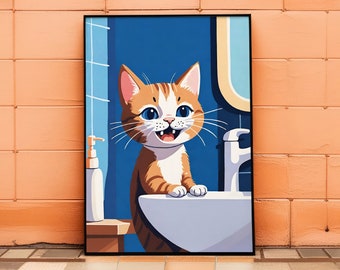 Adorable Smiling Kitten Poster, Cute Cat by the Sink Art Print, Vibrant Blue Bathroom Wall Decor, Perfect Gift for Cat Lovers, High-Quality