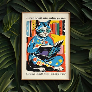 1987 NATIONAL LIBRARY WEEK Poster - Colorful Cat Books Lover - Gift Idea Mid century modern, Mailed poster, 24x36 poster, cozy room decor