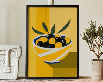 GREEK OLIVES POSTER | Food illustration, Dining Room decor, Mid century modern, Minimalist art, Illustration print, Vintage poster