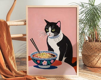 CUTE Ramen Noodles POSTER - Quirky Cat Art Print - Cute Foodie Gift - Kitchen & Dining Room Wall Decor - Asian food art prints