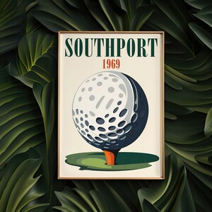 Affiche de golf de Southport de 1969, art mural sport rétro, illustration de balle de golf classique, décoration d'intérieur nostalgique, cadeau unique pour les amateurs de golf