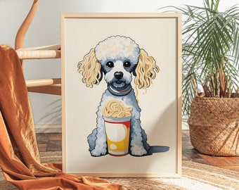 RAMEN POODLE POSTER | Quirky Noodle Dog Wall Art Print | funny dog artwork - cute artwork gift idea, Cute Pet Art, mailed posters