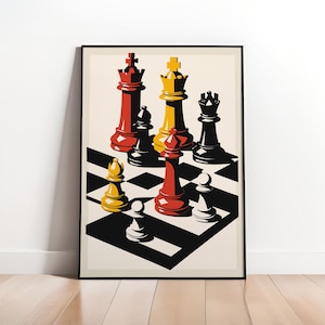 Chess Art Poster - Retro Chess Board and Pieces in Stunning Colors - Unique and Eye-Catching Wall Decor for Home or Office