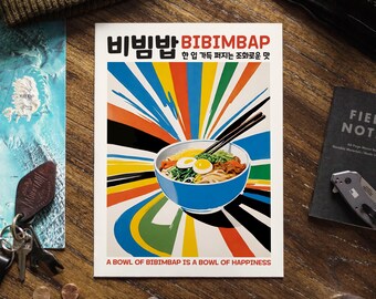 Póster de comida coreana Bibimbap, impresión retro de cocina asiática, arte mural de comida coreana, decoración de cocina vintage con fideos ramen, regalo gastronómico para el hogar.