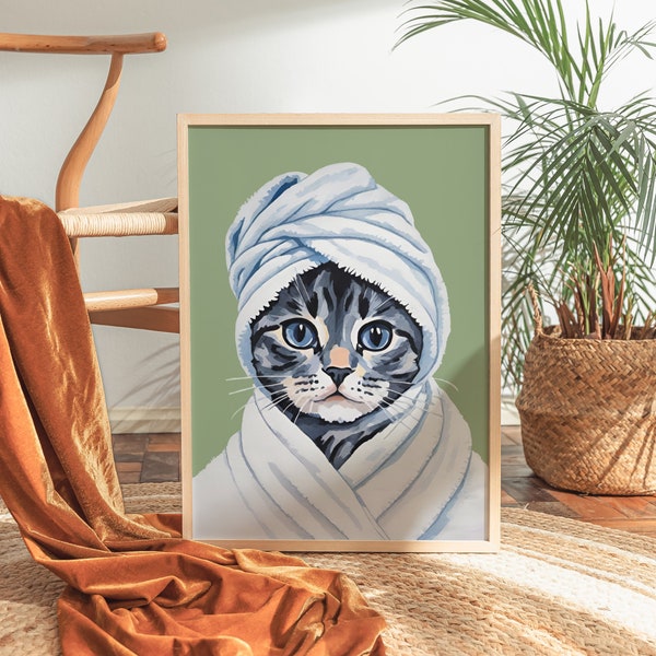 Cat Spa Day Poster - Hand-Painted Whimsical Feline Artwork, Relaxing Cat in Towel and Turban, Perfect for Bathroom Decor or Cat Lovers Gift
