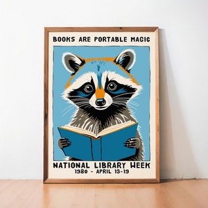 National Library Week 1980 Poster – Raccoon Reading Illustration Retro Literacy Art