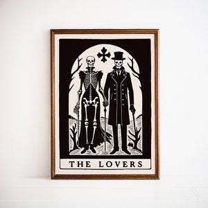 Impression d'art gothique squelette amoureux carte de tarot - décoration murale Dark Academia - cadeau de mariage - affiche romane macabre - décoration victorienne