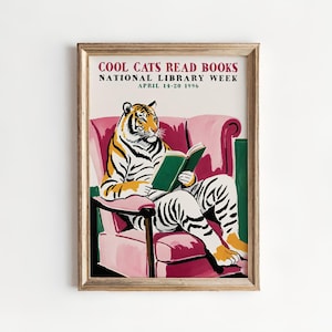 Affiche de la semaine des bibliothèques 1996 | Cool Cats lisez des livres | Impression d'art de lecture de tigre | Décoration de bibliothèque rétro, cadeau pour amateur de livres, éducation à l'alphabétisation, art mural