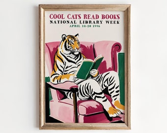 Library Week Poster 1996 | Cool Cats Read Books | Tiger Reading Art Print | Retro Library Decor Book Lover Gift Literacy Education Wall Art