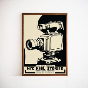 NYC Reel Stories Film Festival Poster: Retro Movie Camera Art Print