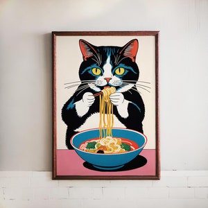 Cat Eating Ramen Poster: Funny Kitchen Wall Art