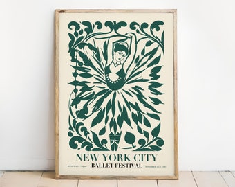 May include: A vintage poster with a green illustration of a ballerina dancing in a leafy floral design. The poster reads "New York City Ballet Festival" with the dates "Sept. 3-14, 1952".
