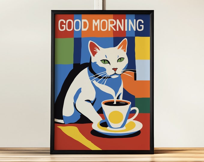 Good Morning Cat and Coffee Art Print - Colorful and Whimsical Wall Decor for Coffee Lovers - Large Wall Art for Kitchen and Dining Room