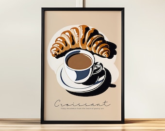 Croissant and Coffee Poster - Retro Kitchen Art, Parisian Bakery Print, Flaky Pastry and Hot Drink Wall Art, French Cafe Decor