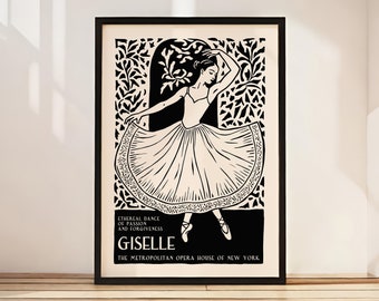 May include: Black and white illustration of a ballerina in a flowing skirt, with the text "ETHEREAL DANCE OF PASSION AND FORGIVENESS GISELLE THE METROPOLITAN OPERA HOUSE OF NEW YORK" below.