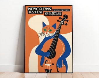 New Orleans Jazz Fest Poster, Retro Cat Art Print, Harmony in Improvisation, Collectible Music Festival Wall Decor, Musician Gift Idea