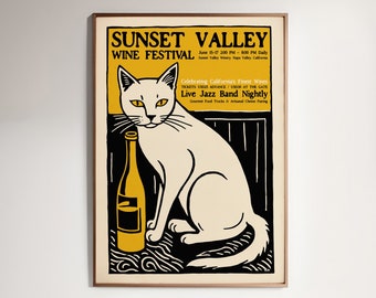Sunset Valley Wine Festival Poster | Napa Valley California Wine Event | Cat and Wine Art Print | Collectible Wall Decor Mid-Century Design