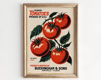 Organic Tomato Poster Retro Farm Print - Kitchen Wall Produce Harvest Rustic Country USA