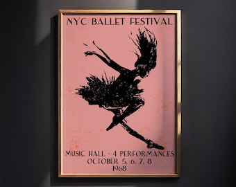 NYC Ballet Poster - Dance Print Festival Movement Music Hall Performance Pink Silhouette Grace Decor
