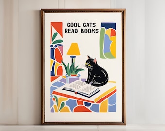 CUTE &quot;Cool Cats Read Books&quot; POSTER - Retro Graphics art, library poster, Home decor, Unframed, Books, Minimalist art, Book cover poster