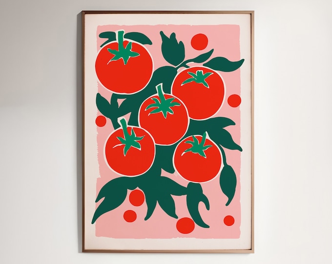 Tomato Garden Art Print - Bright and Bold Kitchen Wall Decor - Modern Farmhouse Style Vegetable Illustration