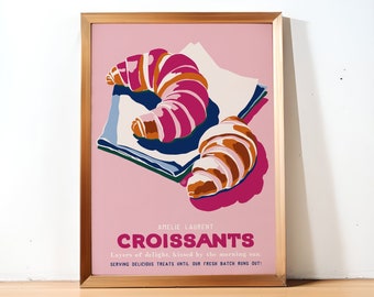 Croissants Art Poster - French Bakery Wall Decor, Vintage Style Pastry Illustration, Pink Kitchen Print, Cafe or Home Decoration Gift