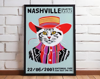 NASHVILLE Country Music Festival - Cowboy Cat Poster - Giclee Musician Wall Art Gift Illustration, Minimalist Vintage Advertising Midcentury
